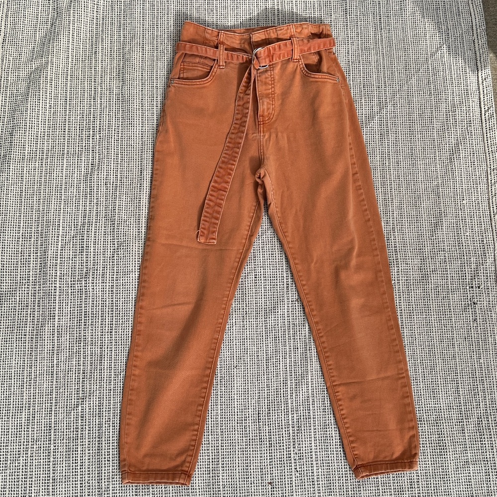 BERSHKA Orange Denim PaperBag Skinny Ankle Pants